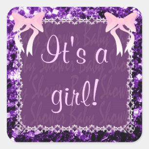 Customise Baby girl shower Purple Sparkles Square Sticker