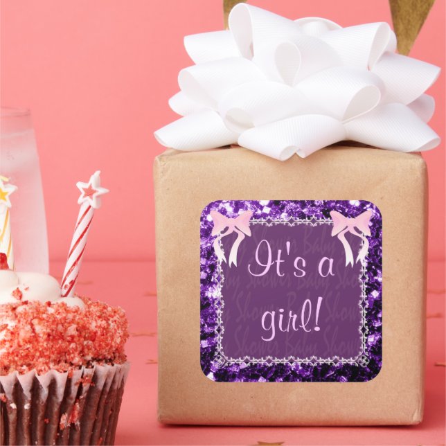 Customise Baby girl shower Purple Sparkles Square Sticker (Party)