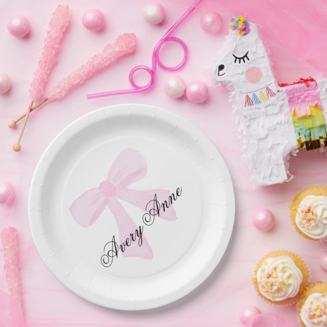 Customise baby shower pink bow paper plate (Party)