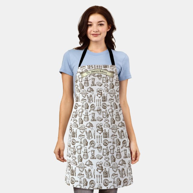 Customise Bakery Kitchen Symbol Pattern Black Whit Apron (Worn)