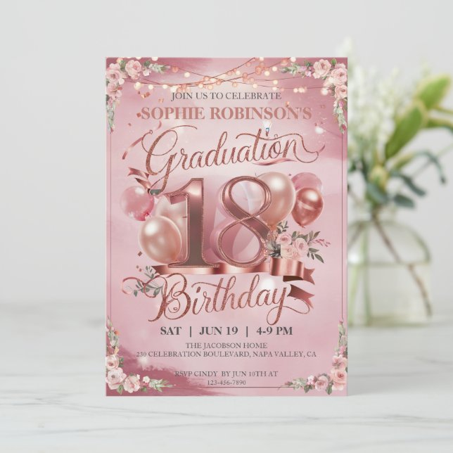 Customise Balloons Flower Graduation 18th Birthday Invitation (Standing Front)