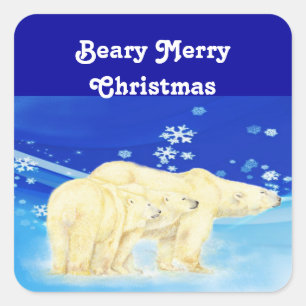 Customise Beary Merry Christmas Polar Bears Square Sticker