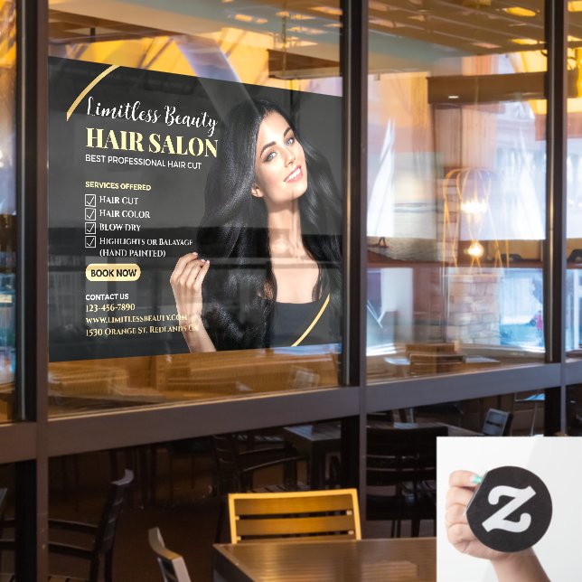 Customise Beauty Hair Salon Brunette Model Shop Window Cling (Restaurant Window)