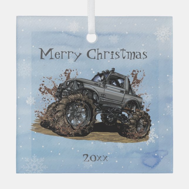 Customise Big Monster truck Off Road Adventure   Glass Tree Decoration (Front)