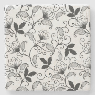 Customise Black Floral Pattern Stone Coaster