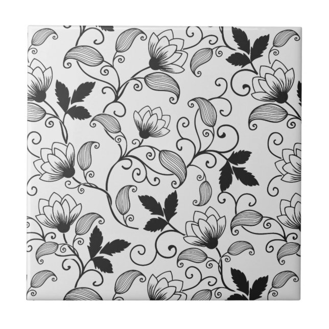 Customise Black Floral Pattern Tile (Front)