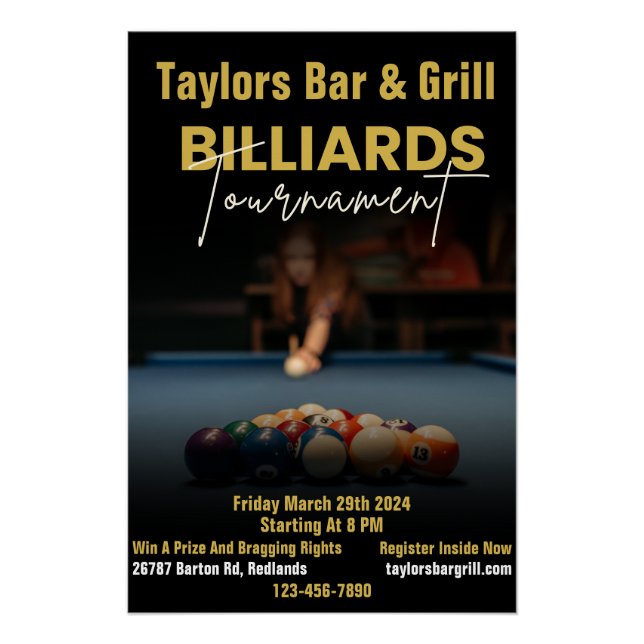 Customise Black Modern Billiards Tournament Bar  Poster (Front)