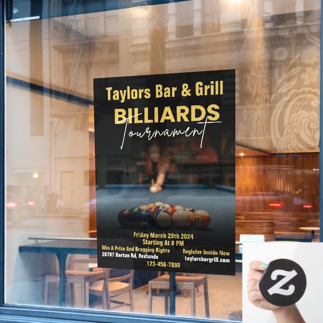 Customise Black Modern Billiards Tournament Bar  Window Cling (Cafe Window)