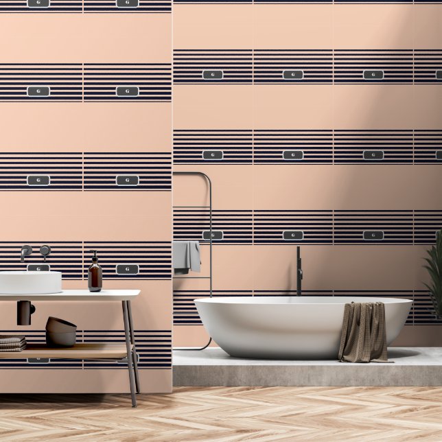 Customise Black & Pink Monogram  Stripes Wallpaper (Bathroom)