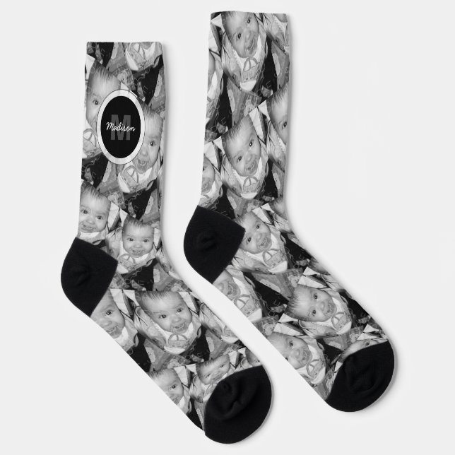 Customise Black White two custom photo Monogram Socks (Right)
