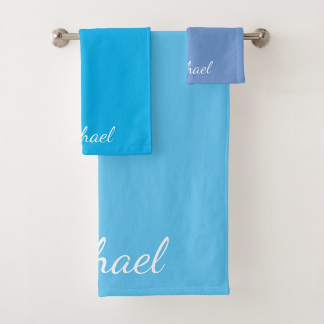 Customise Blue Purple Script Typography Name Bath Towel Set (Insitu)