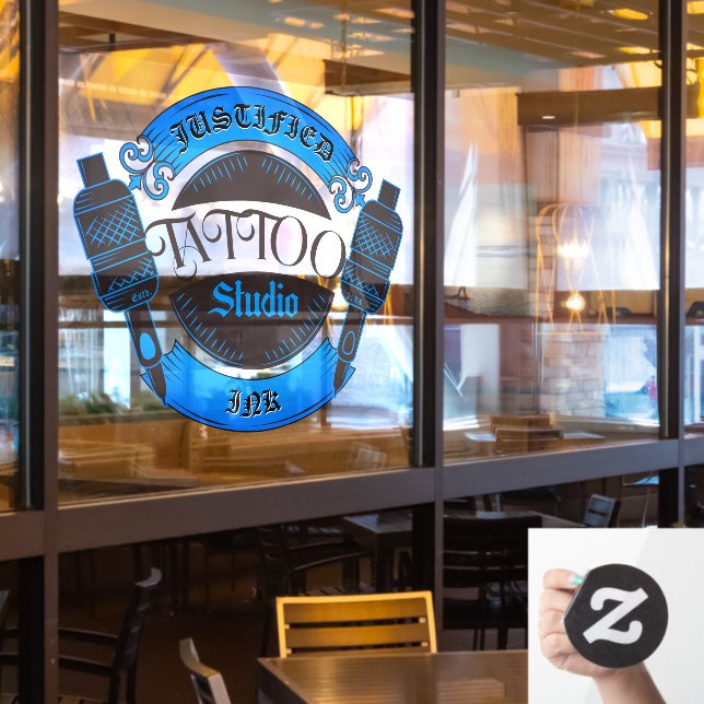 Customise Blue Tattoo Shop Business Front  Window Cling (Restaurant Window)