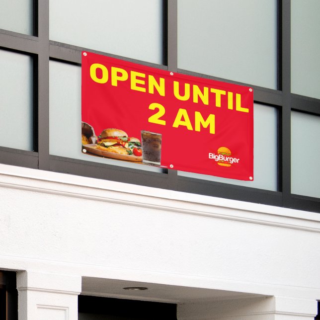 Customise Burger Restaurant  Logo Open Until 2AM   Banner (Outside Building)