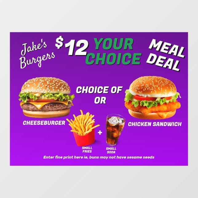 Customise Burger Restaurant Meal Deal Promo  Window Cling (Sheet)
