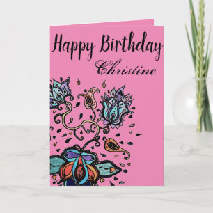 Customise by Name Happy Birthday Flower Design Card