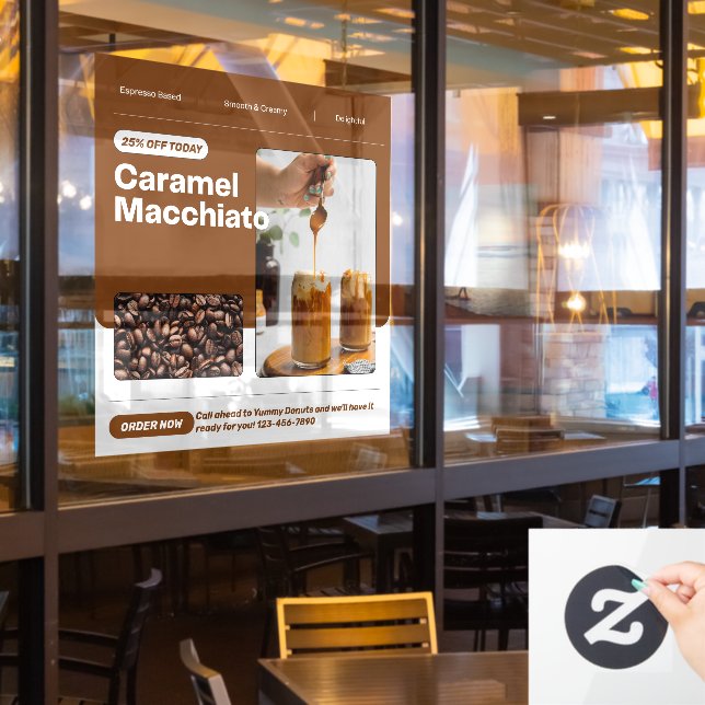 Customise Caramel Macchiato Promo Price Discount Window Cling (Restaurant Window)