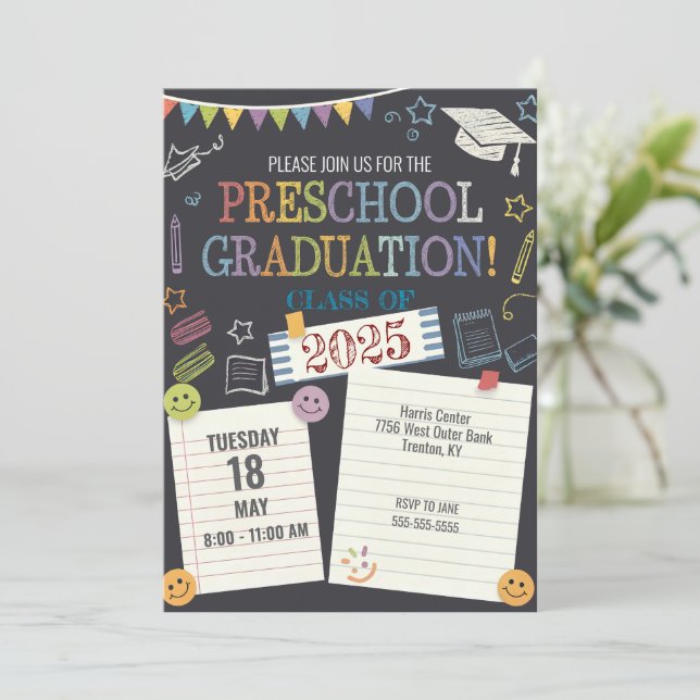 Customise Chalkboard Note Preschool Graduation Cap Invitation (Standing Front)