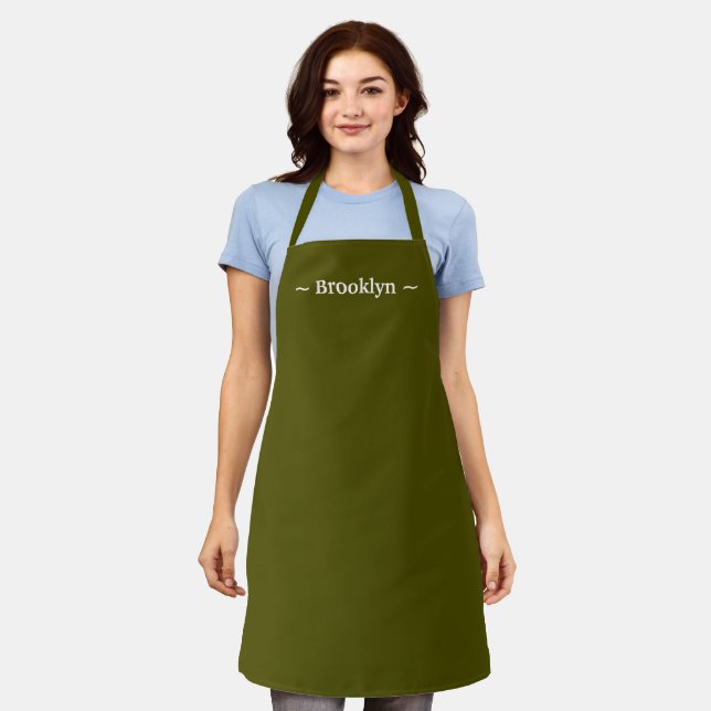 customise change name text white moss olive green apron (Worn)