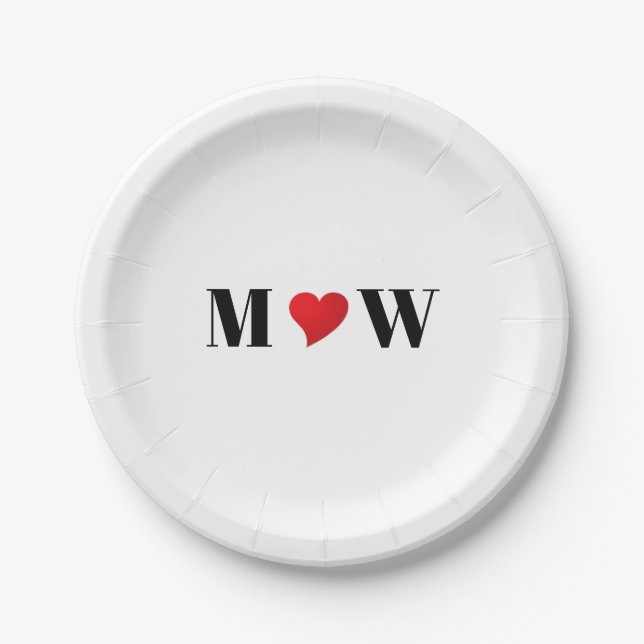 Customise Couple  initials A Loves B red heart Paper Plate (Front)