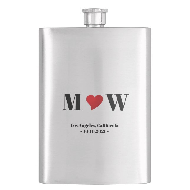 Customise Couple initials red heart Wedding Favour Hip Flask (Front)
