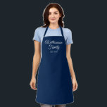Customise Couple's last name year number navy blue Apron<br><div class="desc">Customise Couple's last name,  year,  number apron
navy blue and white.

Great for cooks,  chefs,  pottery,  ceramics,  crafts,  work,  kitchen,  baking,  bbq,  grill,  and also businesses and stores,  etc</div>
