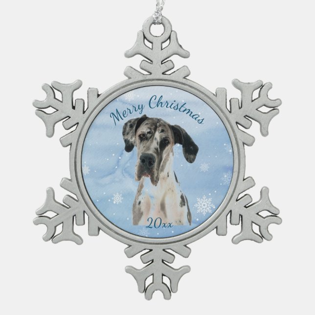 Customise Dated Christmas Great Dane Dog Pet  Snowflake Pewter Christmas Ornament (Front)