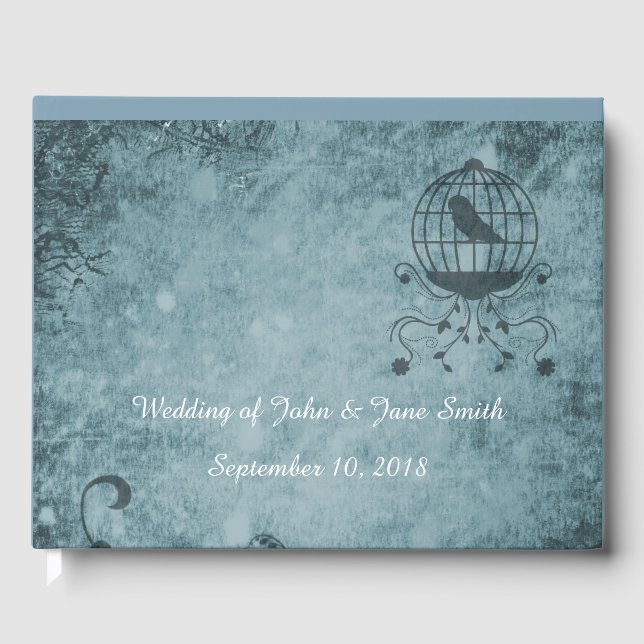 Customise Deep Blue Steampunk Bird Cage Guest Book (Front)