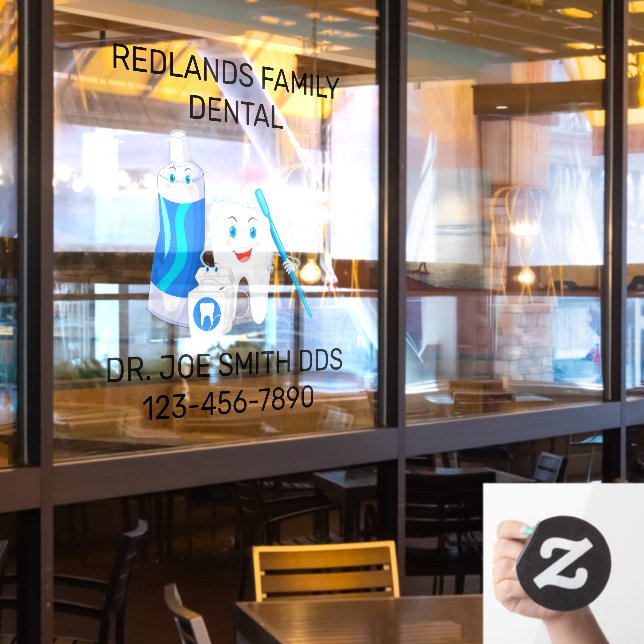 Customise Dental Clinic Happy Molar Tooth Dentist Window Cling (Restaurant Window)