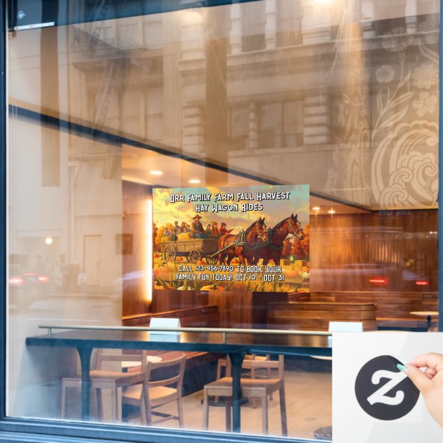 Customise Farm Fall Harvest Horse Drawn Wagon Ride Window Cling (Cafe Window)