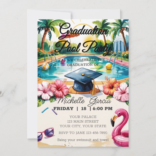 Customise Flamingo Pool Graduation Party Hibiscus Invitation (Front)