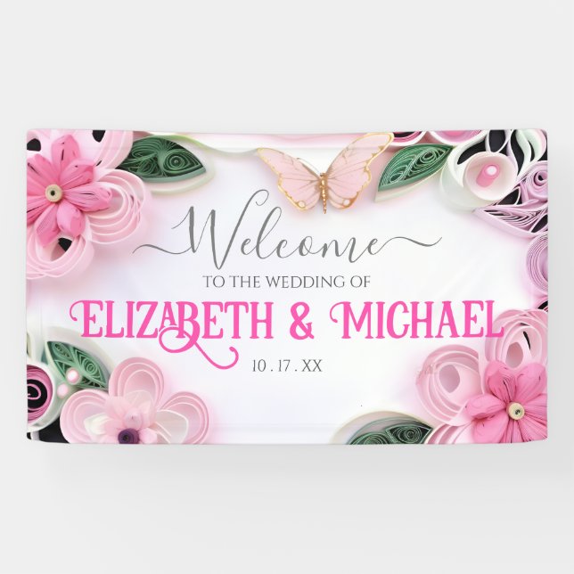 Customise Floral Wedding Frame Pastel Butterfly  Banner (Horizontal)
