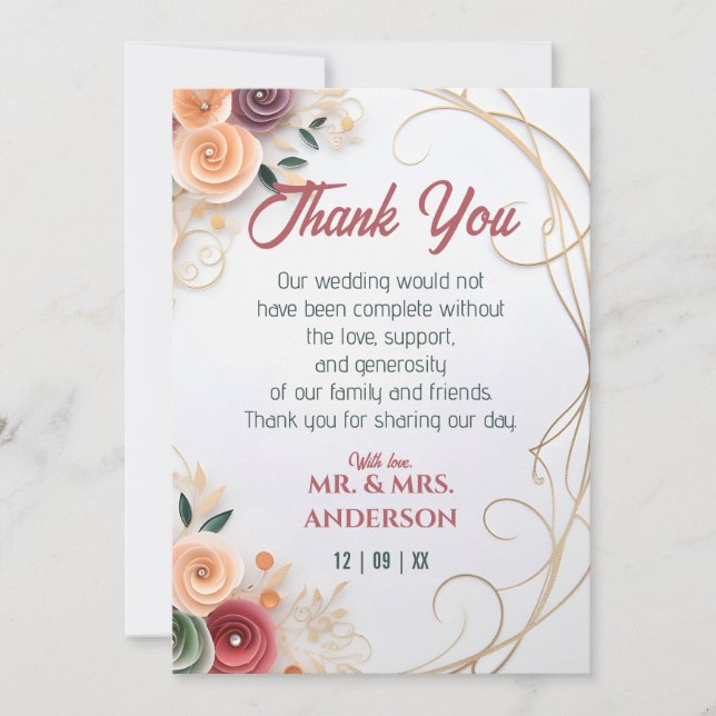 Customise Floral Wedding Rose Paper Quilling Frame Thank You Card (Front)