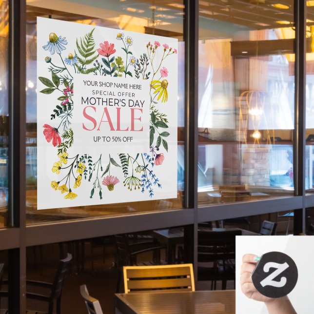Customise Floral White Mother's Day Sale Shop Window Cling (Restaurant Window)