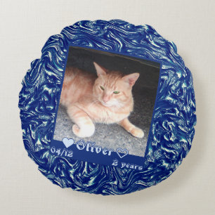 Customise frame photo cat pet on dark blue texture round cushion