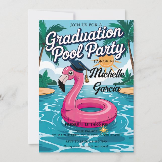 Customise Funny Flamingo Graduation Cap Pool Party Invitation (Front)