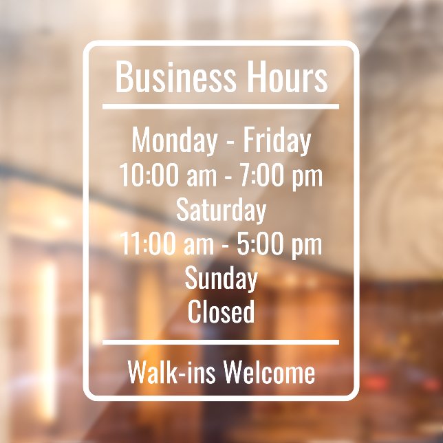 Customise Generic Business Hours Shop Window Cling (Sheet 2)