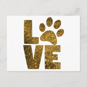 Customise Golden Glitter Love Text with Animal Paw Postcard