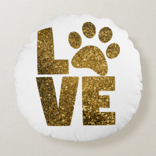 Customise Golden Glitter Love Text with Animal Paw Round Cushion