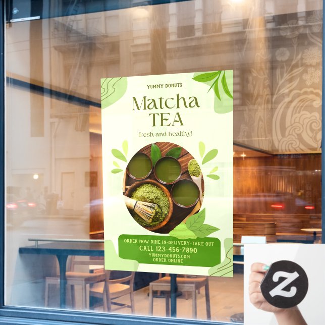 Customise Green Organic Matcha Tea Drink Advert Window Cling (Cafe Window)