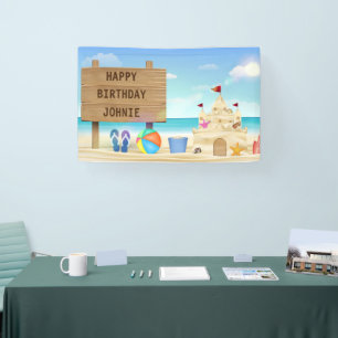 Customise Happy Birthday Boy Beach Sand Castle Banner