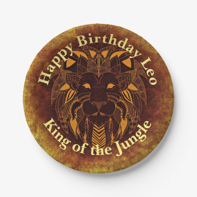 Customise Happy Birthday Golden Brown Tribal Lion Paper Plate (Front)