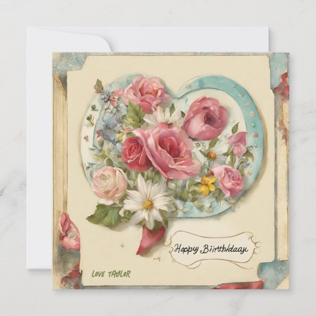 customise Happy Birthday Watercolor Floral Heart  Holiday Card (Front)