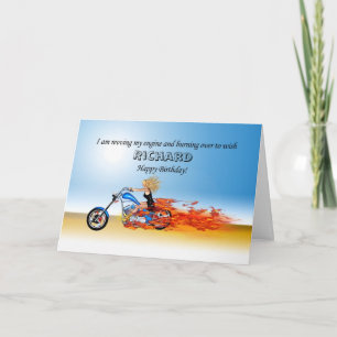 Customise Happy Birthday with a Flaming Motorcycle Card