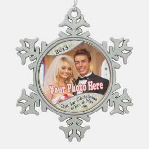 Customise it! - Our 1st Christmas as Mr. and Mrs. Snowflake Pewter Christmas Ornament