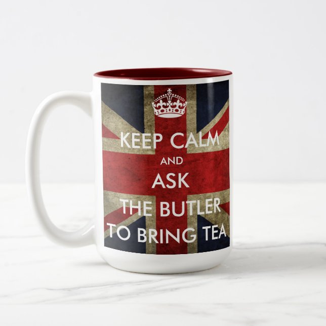 Customise Keep Calm and Ask to Bring Tea Two-Tone Coffee Mug (Left)