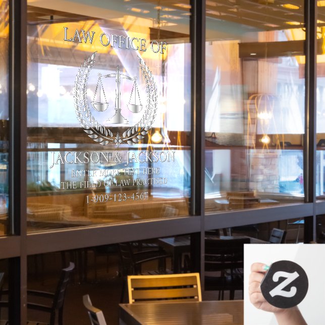 Customise Lawyer Law Office Detailed Front Silver Window Cling (Restaurant Window)