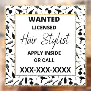 Customise Licensed Hair Stylist Wanted Gold Glitte Window Cling