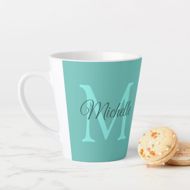 Customise Light Teal Monogram Initial Name Small Latte Mug (In Situ)