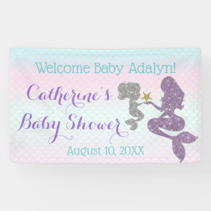 Customise Mermaid Baby Shower Purple Teal Backdrop Banner