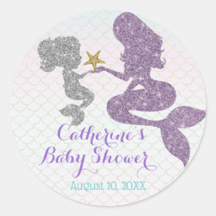 Customise Mermaid Baby Shower Sparkle Purple Teal Classic Round Sticker